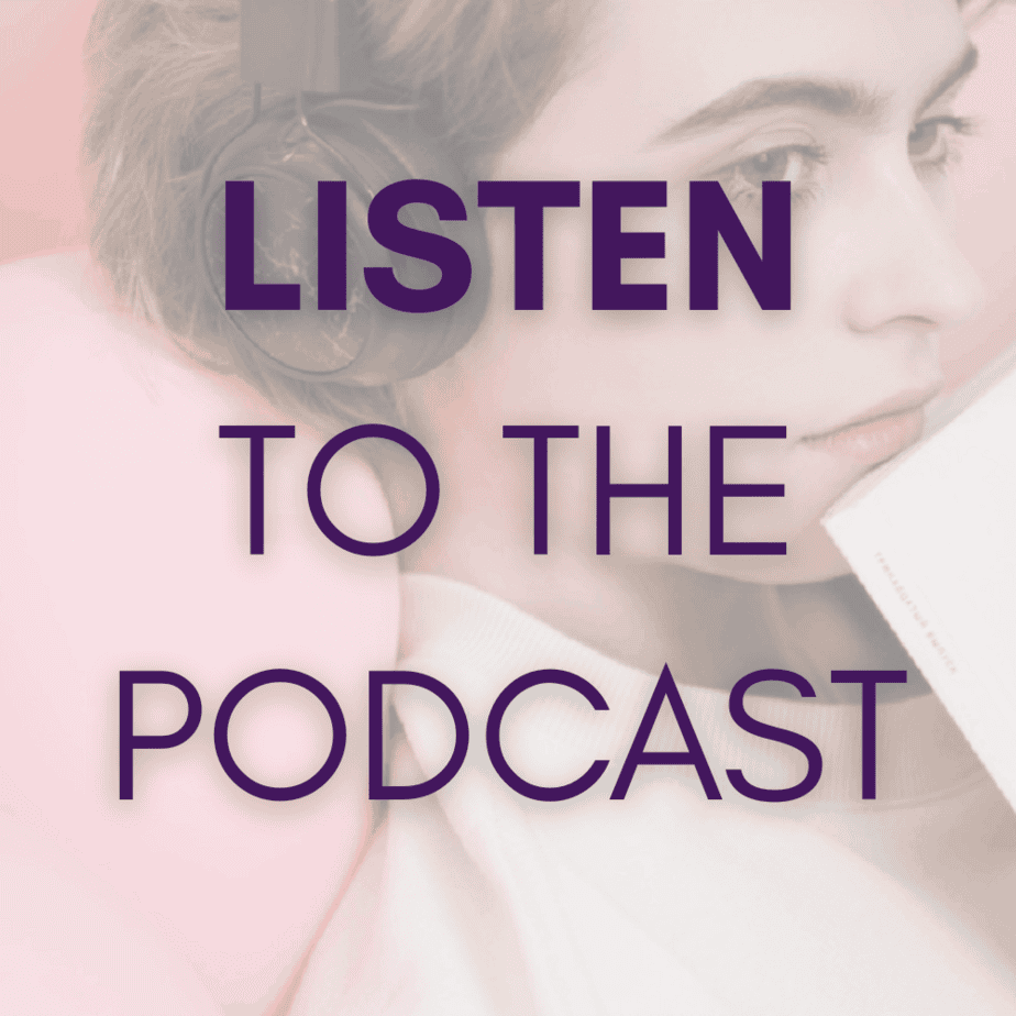 A close-up of a woman lying on a pink pillow, wearing black over-ear headphones and holding a book. Bold purple text reads “LISTEN TO THE PODCAST.”