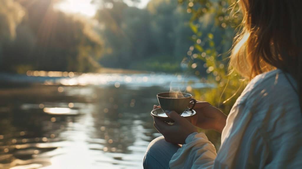 a woman at the edge of a lake sitting peacefully holding a cup of tea looking at an early morning synrise symbolizing rest
