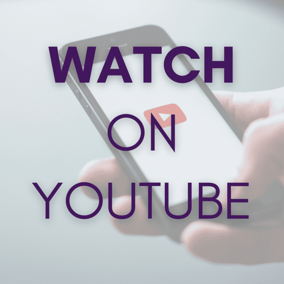 A person holding a smartphone displaying the YouTube logo on the screen. Overlayed purple text says “WATCH ON YOUTUBE.”