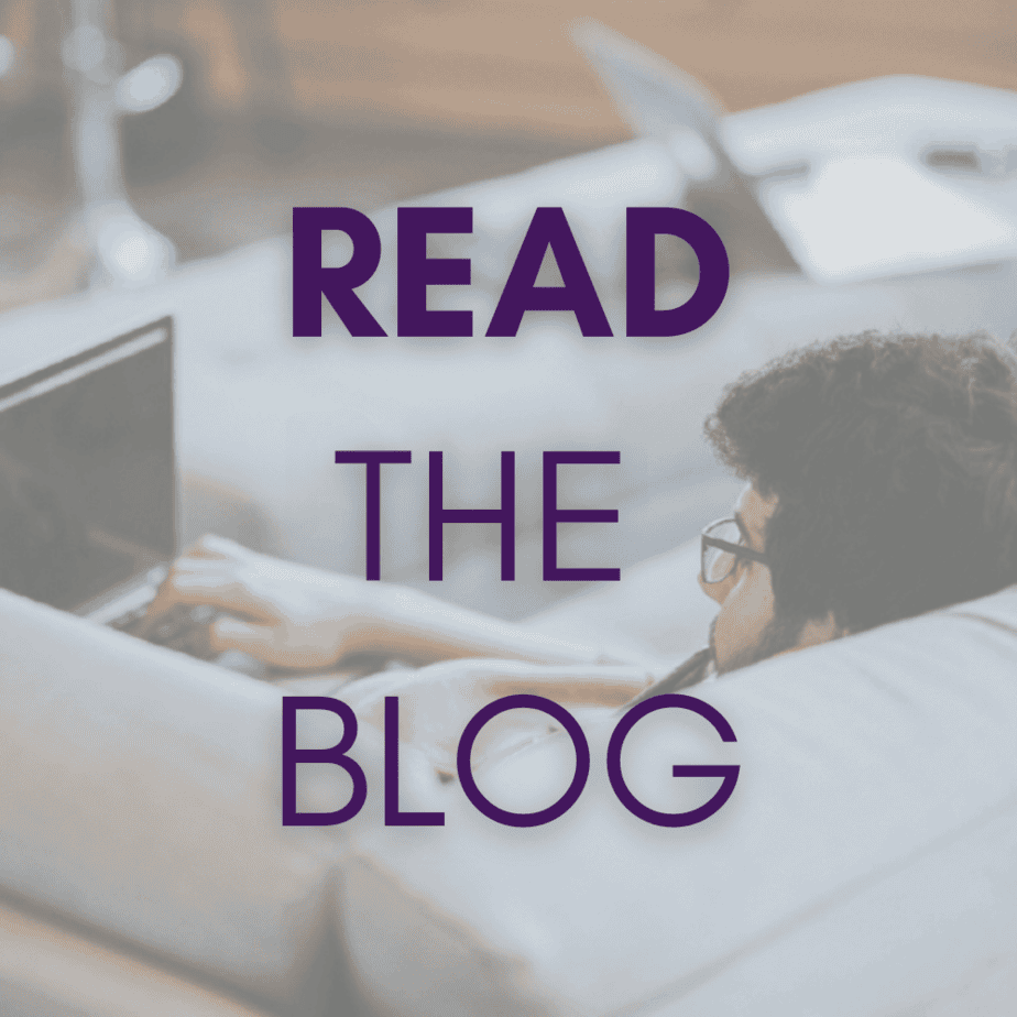 A man reclining on a couch using a laptop. Purple text overlay reads “READ THE BLOG.”