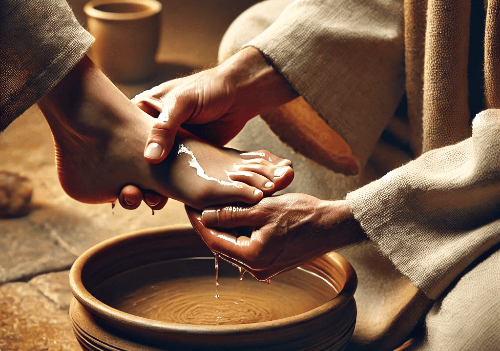 A closeup of Jesus washing the disciples' feet symbolizing his restorative love