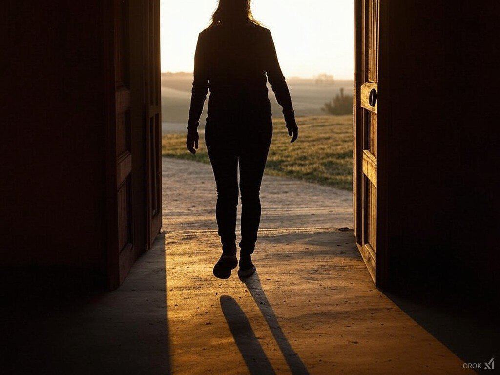 woman walking out a door from a dark room into a bright sunlight outside with fresh green grass symbolizing hope